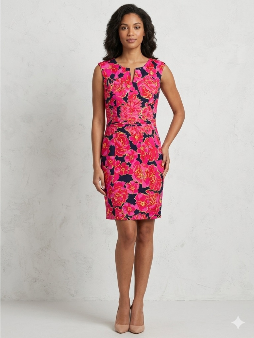 Ellen Tracy NEW Navy Blue Floral Pink Midi Sheath Dress, Career Events  Size 10